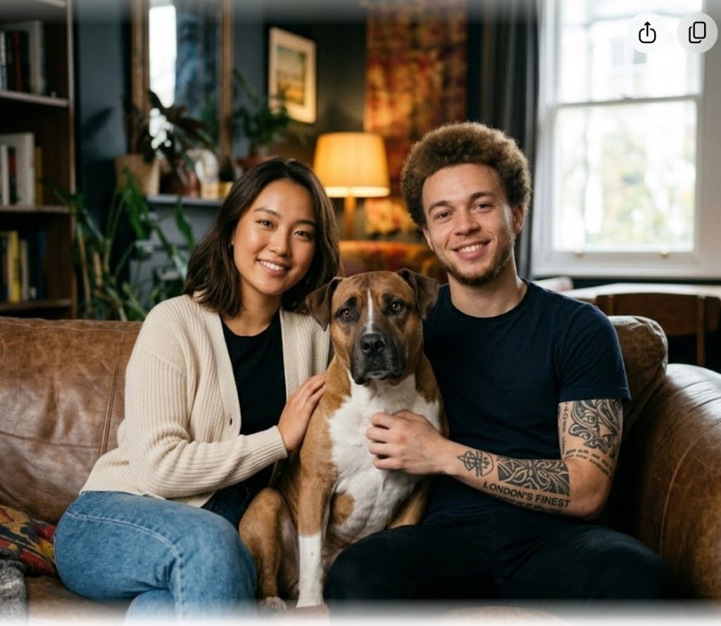 Imani, David, and their dog Copper on a sofa